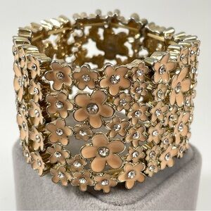 Unsigned Gold Tone Pink Beige Enamel Flower Rhinestone Wide Stretch Bracelet